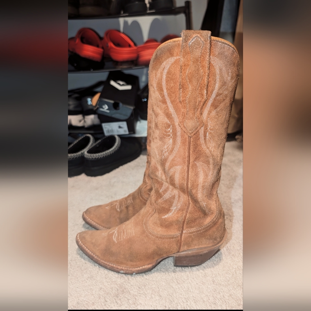 Vintage Style Suede Cowboy Boots Brown Embroidered Western Tall Cowgirl Boots - Picture 2 of 5